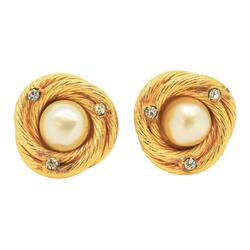 Chanel Earrings Circle Faux Pearl Rhinestone GP Plated Gold Women's