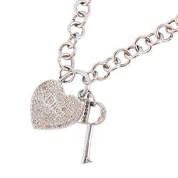 Christian Dior Necklace Heart Motif Key Rhinestone Metal Silver Women's