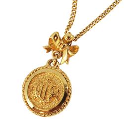 Christian Dior Necklace Circle Leaf Motif Emblem GP Plated Gold Women's