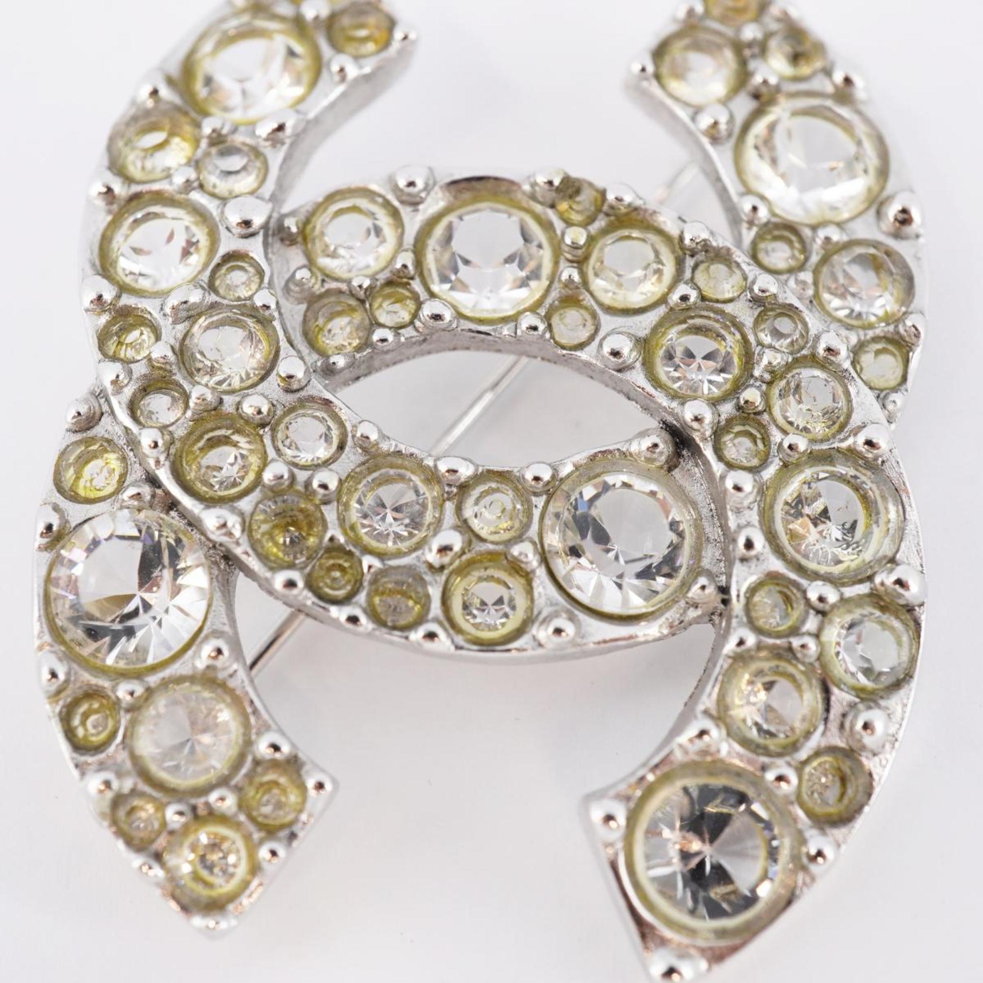 Chanel Brooch Coco Mark Rhinestone Metal Silver 06V Women's