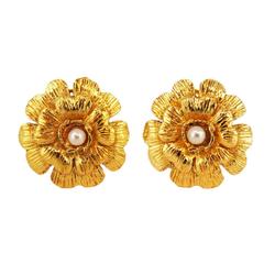 Chanel Earrings Camellia Fake Pearl GP Plated Gold Women's