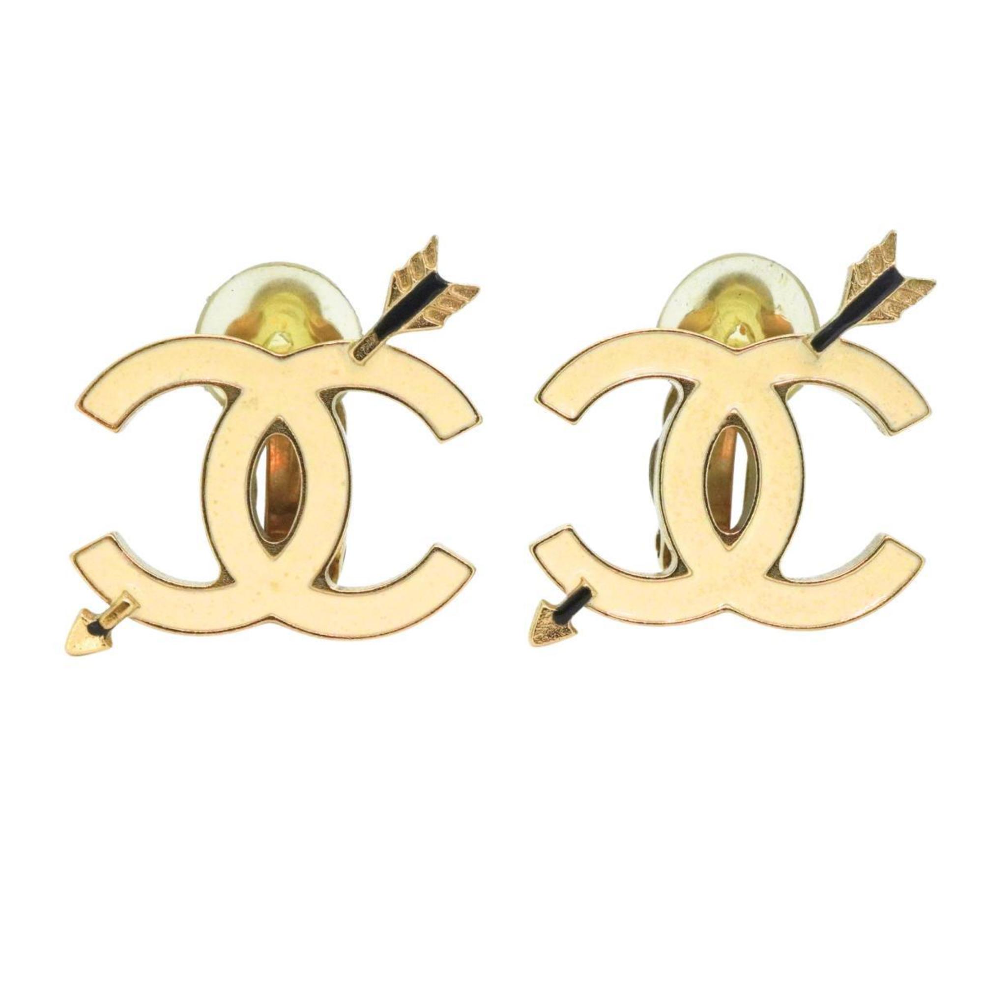 Chanel Earrings Coco Mark Bow and Arrow GP Plated Champagne Gold White 10P Women's