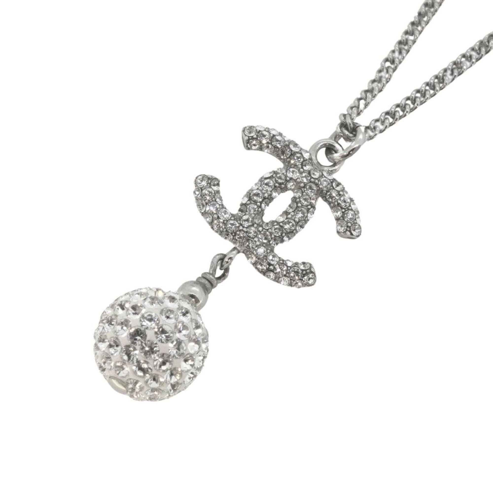 Chanel Necklace Coco Mark Ball Rhinestone Metal Silver B19V Women's