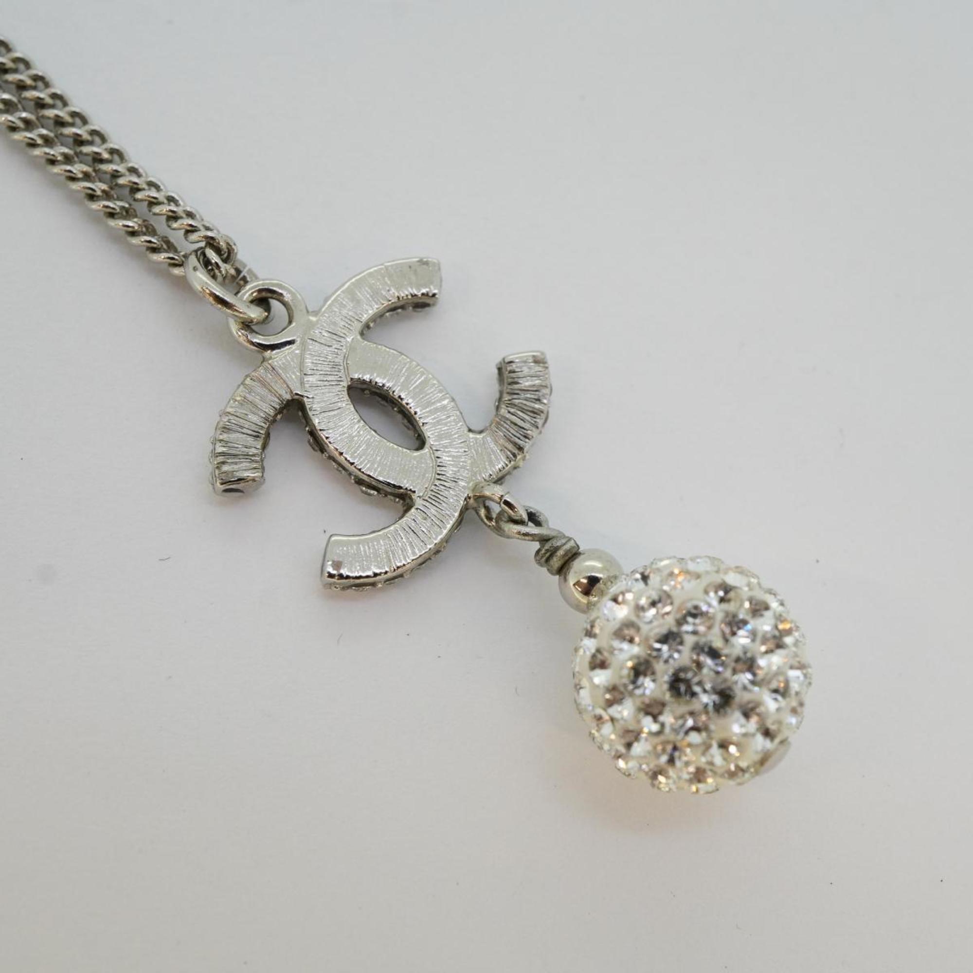 Chanel Necklace Coco Mark Ball Rhinestone Metal Silver B19V Women's