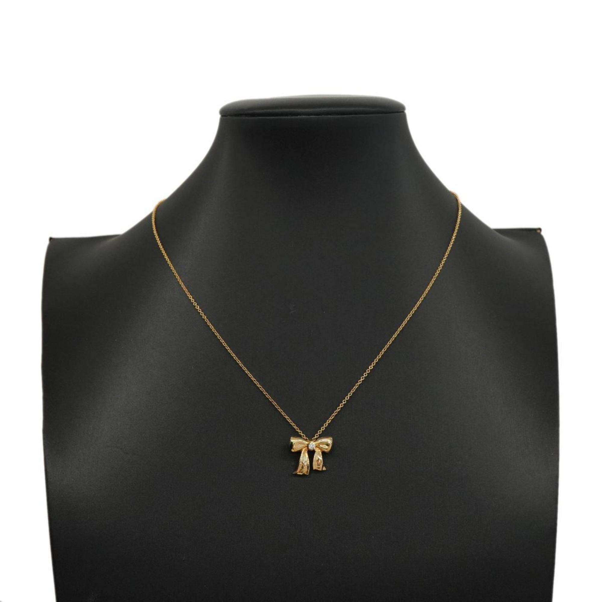 Tiffany Necklace Ribbon 1PD Diamond K18YG Yellow Gold Women's