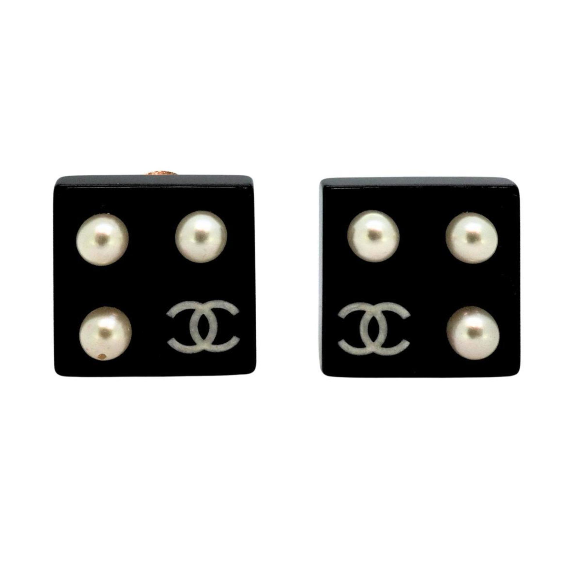 Chanel Earrings Coco Mark Square Fake Pearl Plastic GP Plated Gold Black 03C Women's