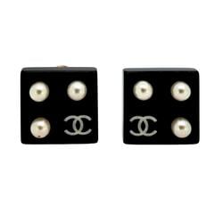 Chanel Earrings Coco Mark Square Fake Pearl Plastic GP Plated Gold Black 03C Women's