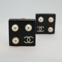 Chanel Earrings Coco Mark Square Fake Pearl Plastic GP Plated Gold Black 03C Women's