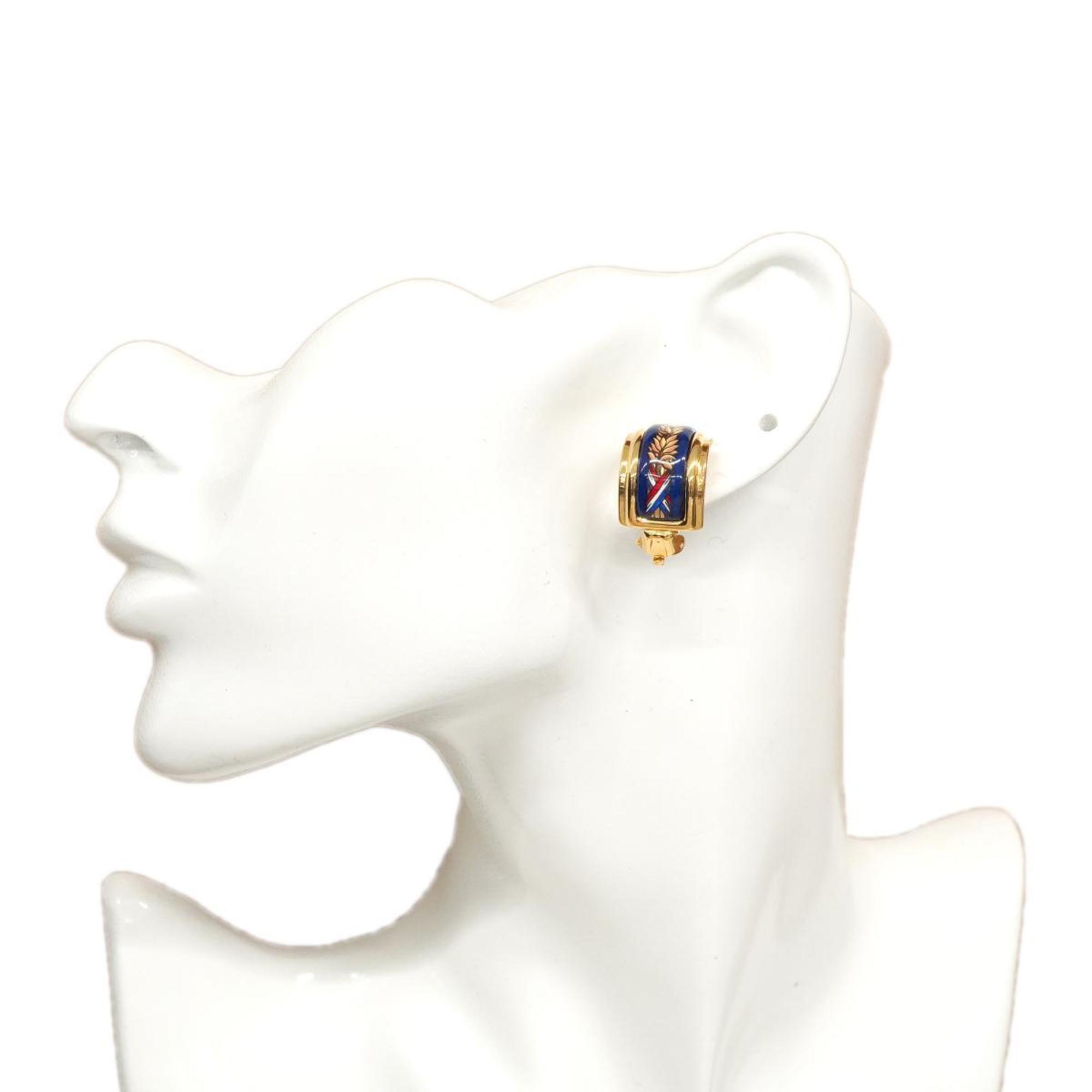 Hermes Earrings, Enamel, GP Plated, Cloisonne, Gold, Blue, Women's