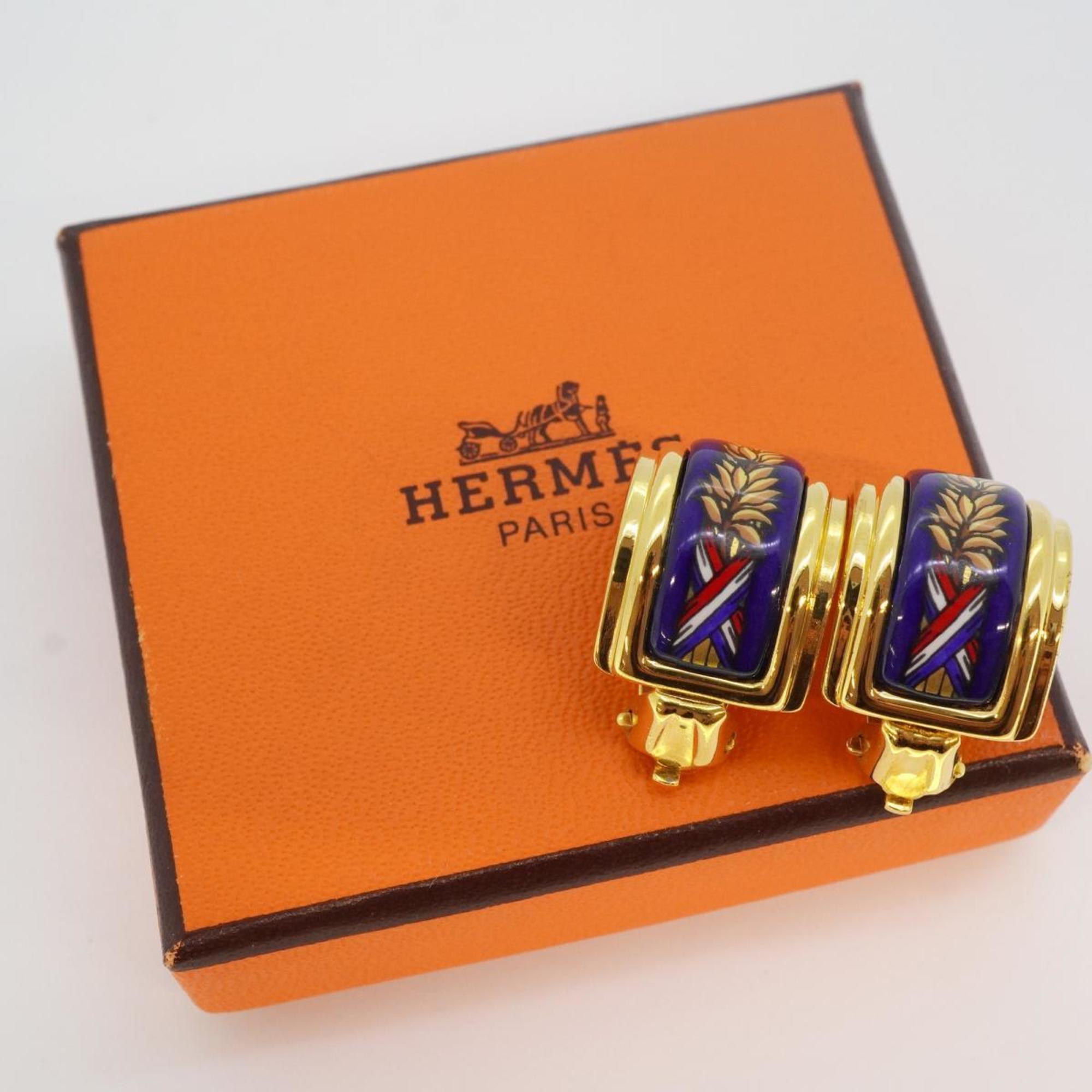 Hermes Earrings, Enamel, GP Plated, Cloisonne, Gold, Blue, Women's