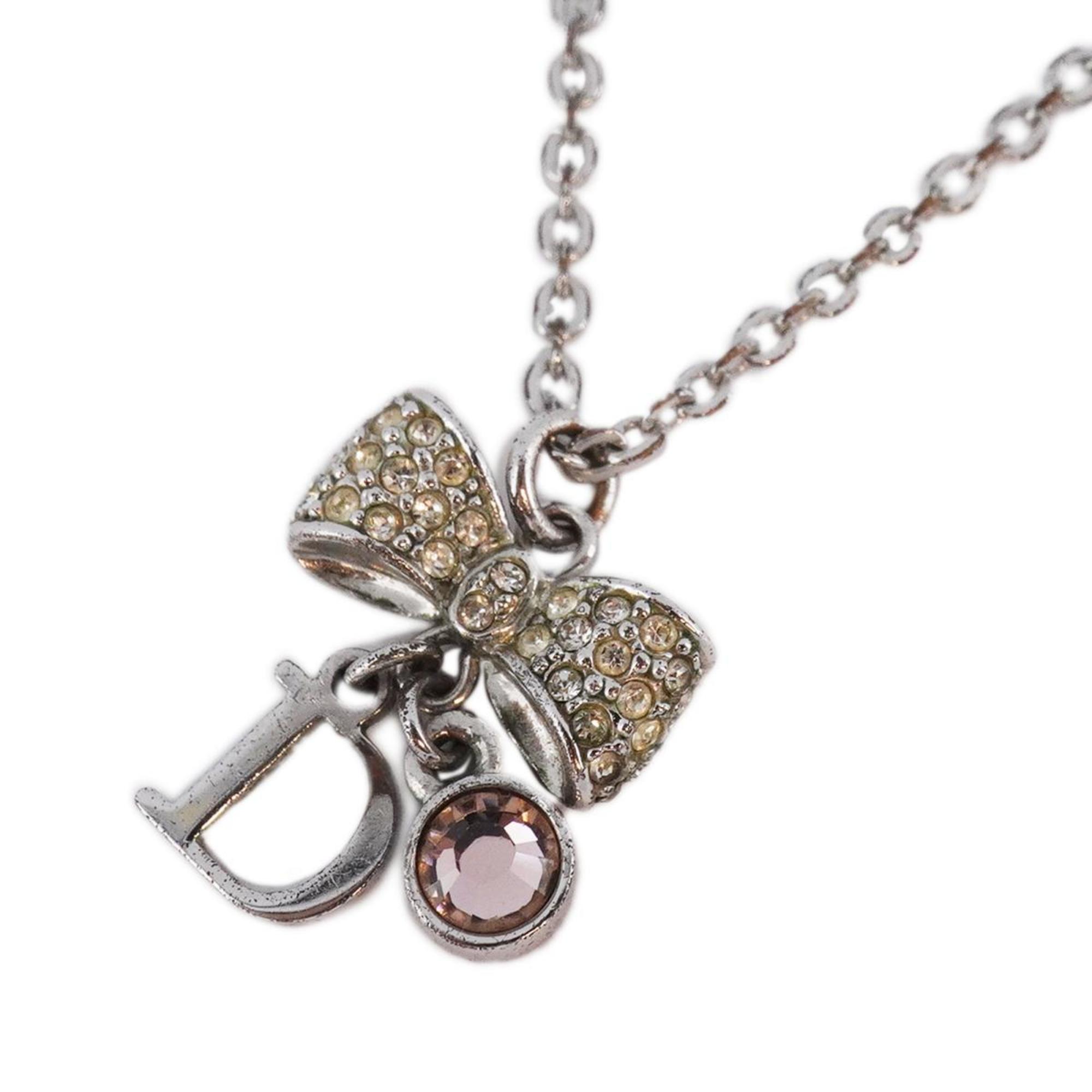 Christian Dior Necklace D Ribbon Motif Rhinestone Metal Silver Pink Women's