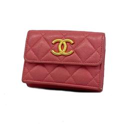 Chanel Tri-fold Wallet Matelasse Caviar Skin Pink Women's