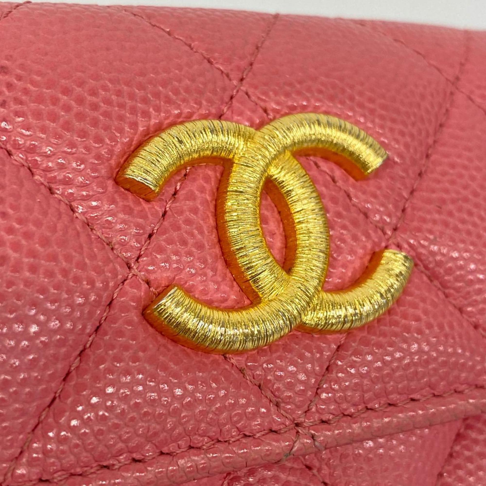 Chanel Tri-fold Wallet Matelasse Caviar Skin Pink Women's