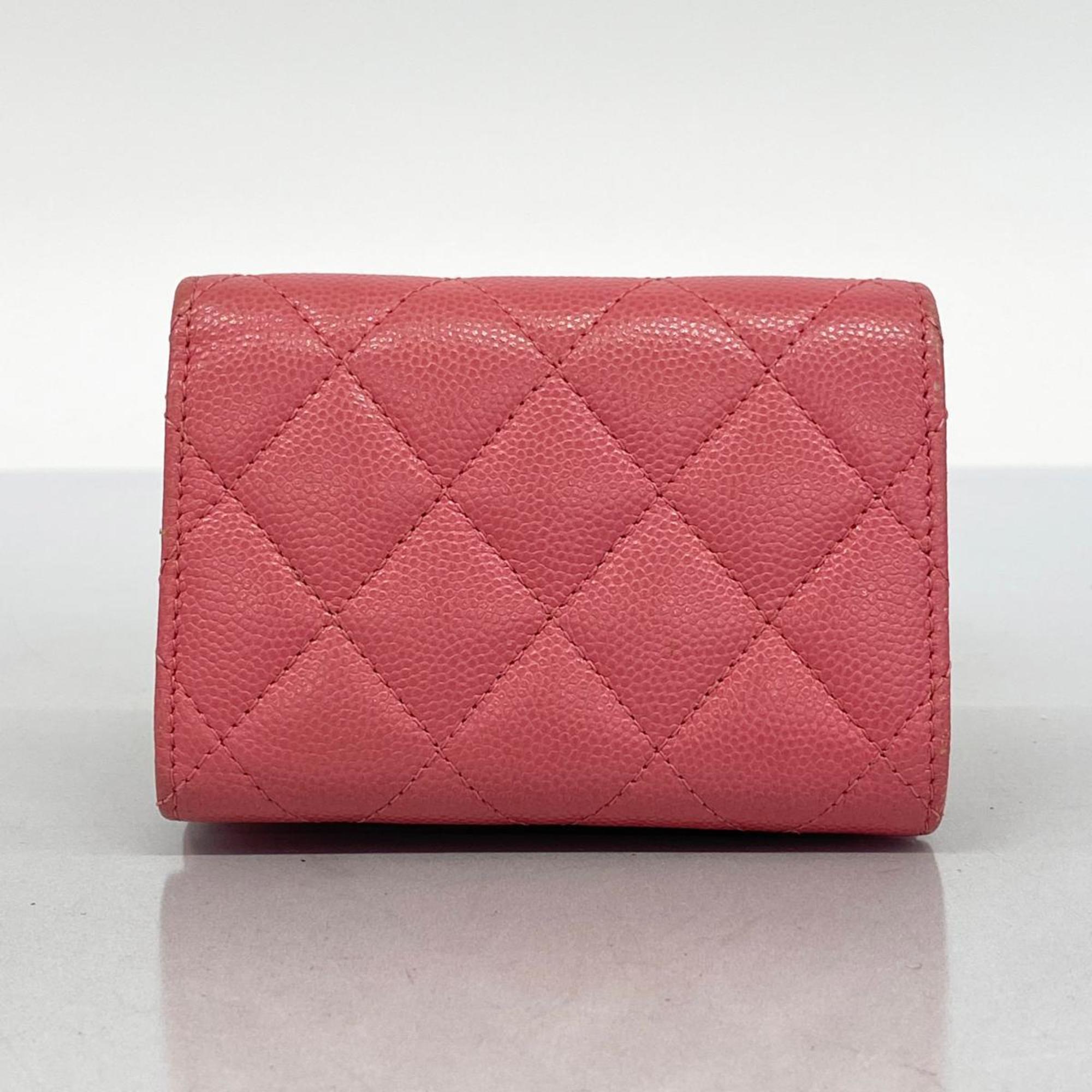 Chanel Tri-fold Wallet Matelasse Caviar Skin Pink Women's