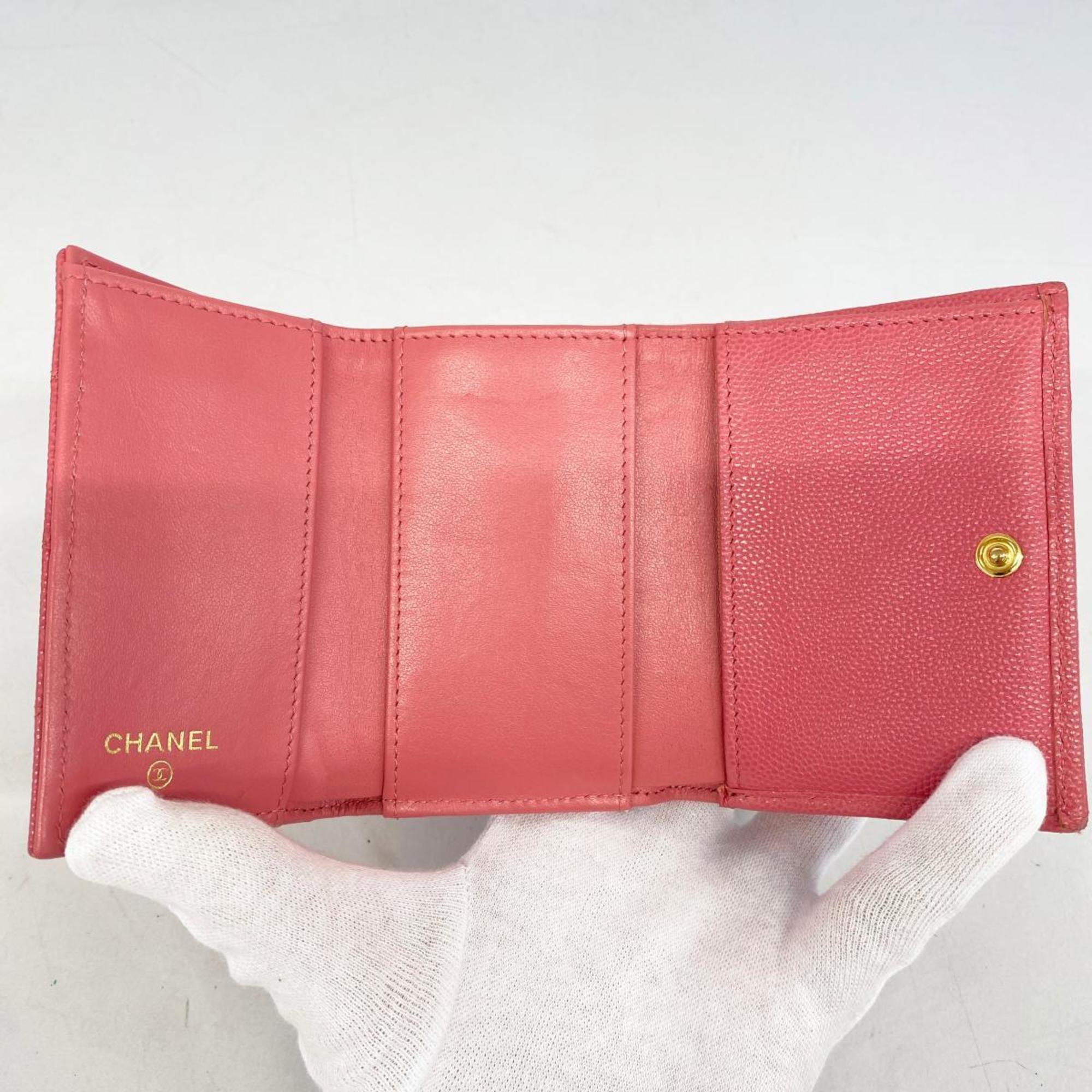 Chanel Tri-fold Wallet Matelasse Caviar Skin Pink Women's