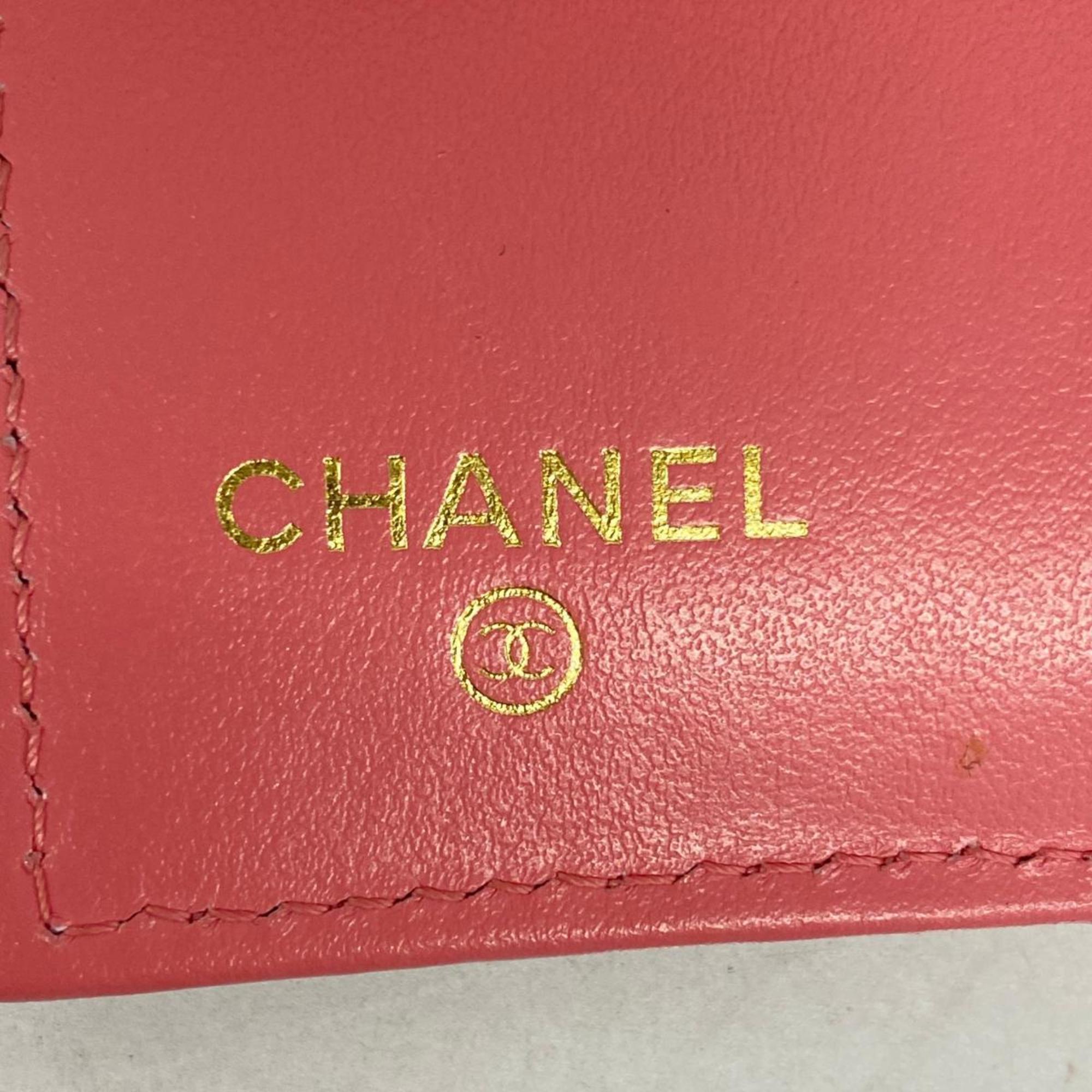 Chanel Tri-fold Wallet Matelasse Caviar Skin Pink Women's