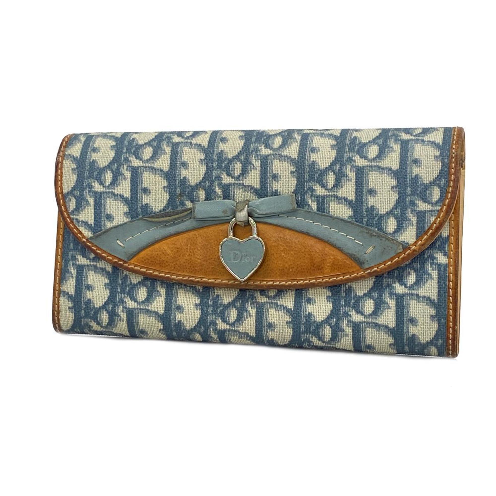 Christian Dior Long Wallet Trotter Leather Blue Women's