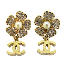 Chanel Earrings Coco Mark Flower Motif Fake Pearl Rhinestone GP Plating Champagne Gold B23S Women's