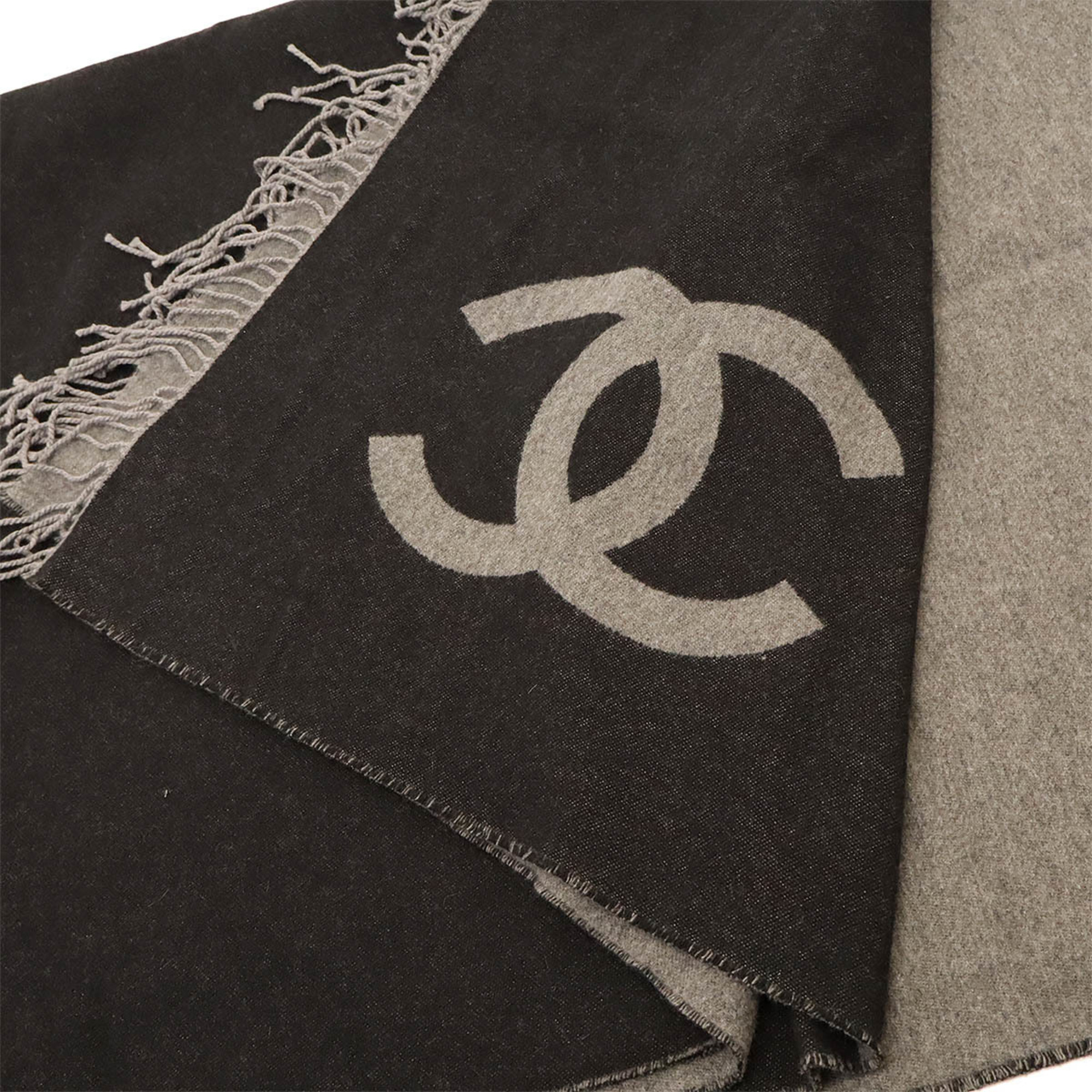 CHANEL Coco Mark Blanket, Throw, Shawl, Large, 78% Wool, 22% Cashmere, Bicolor, Black, Grey