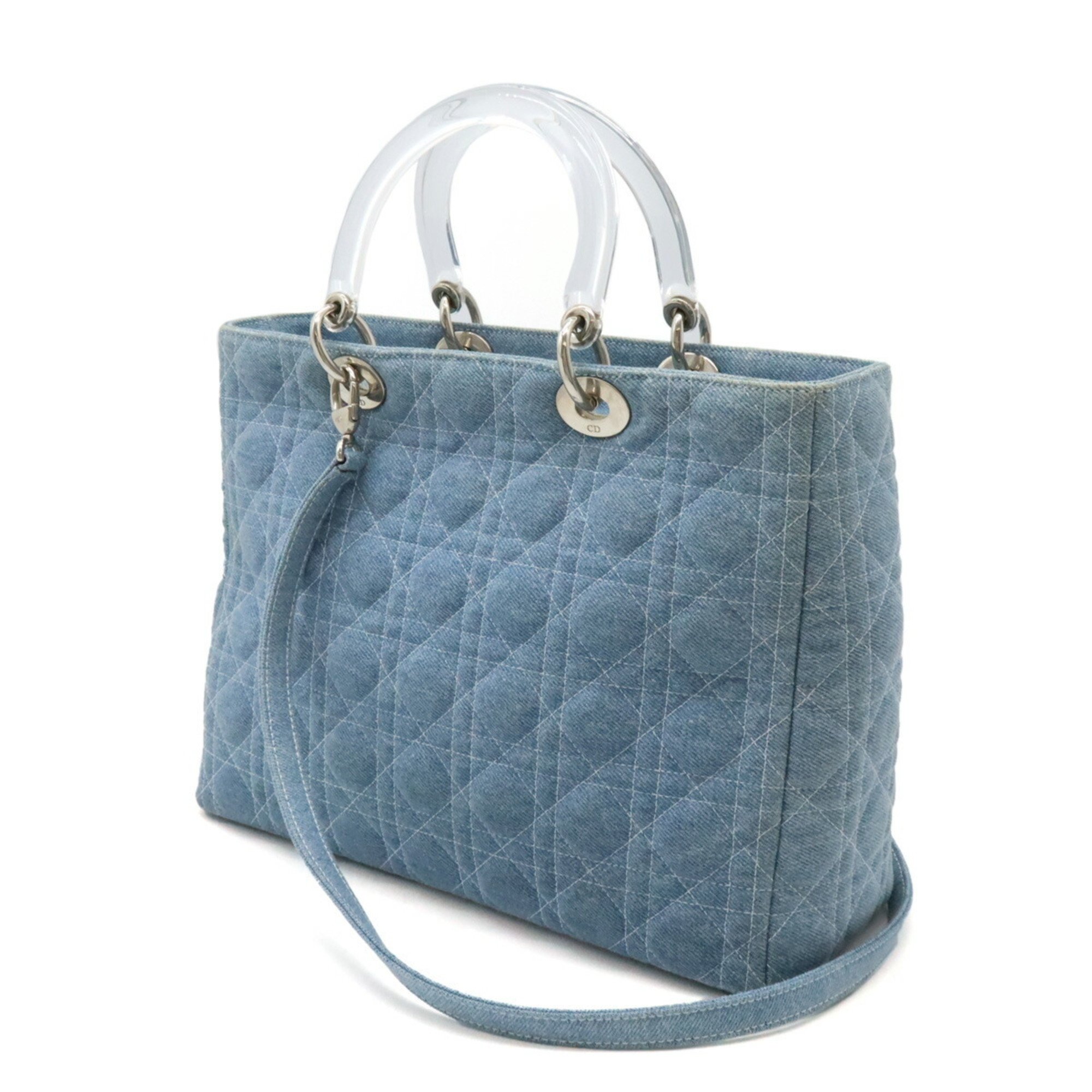 Christian Dior Lady Cannage Handbag Shoulder Bag Denim Light Blue Clear