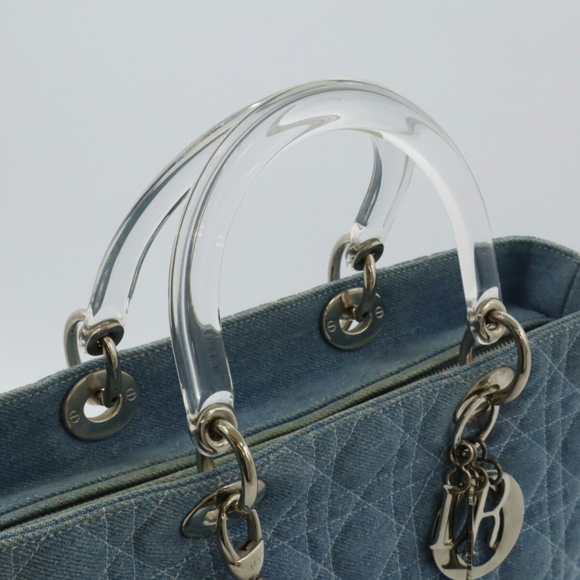 Christian Dior Lady Cannage Handbag Shoulder Bag Denim Light Blue Clear