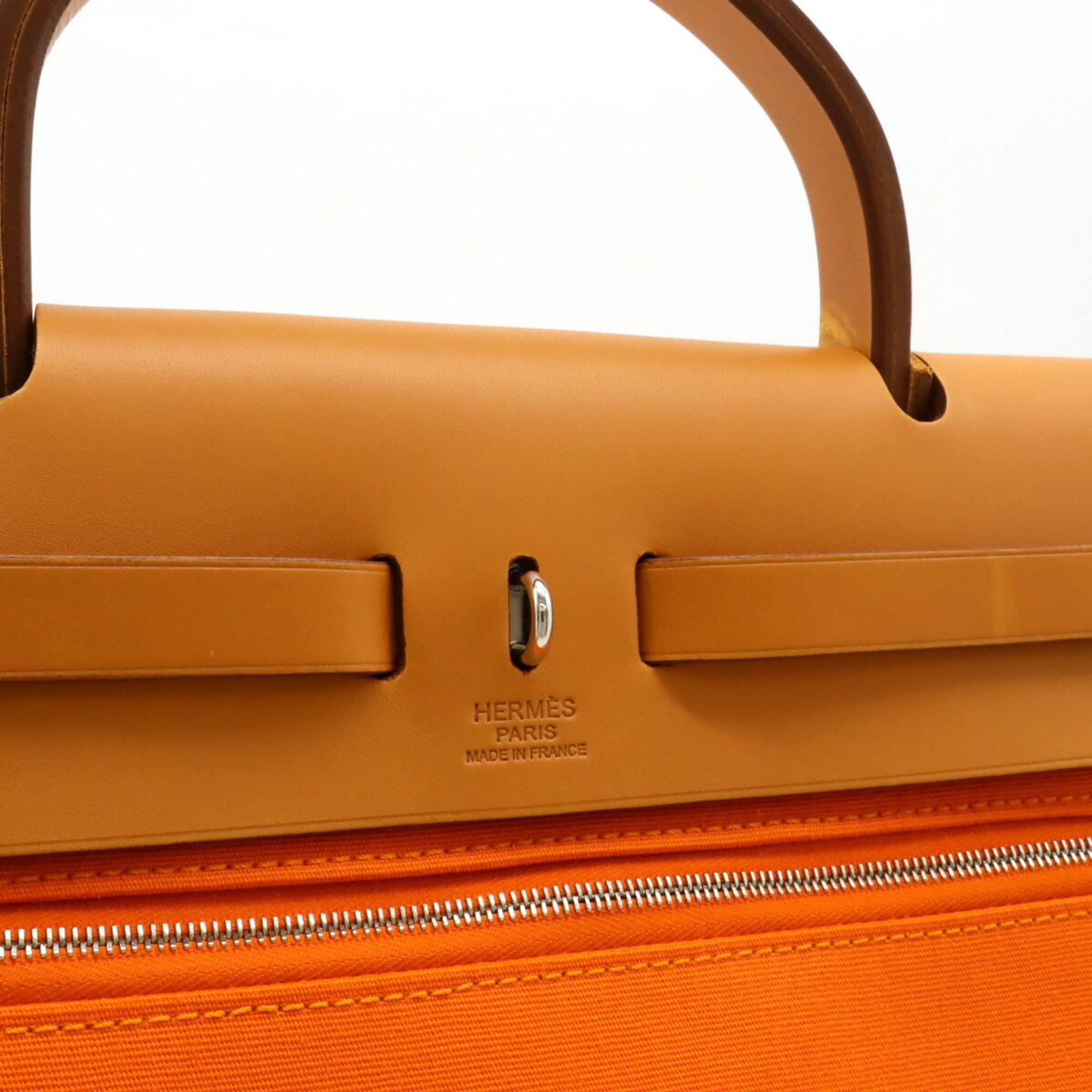 HERMES Hermes Airbag Zip PM Handbag Toile Officier Leather Orange Camel Pouch not included □M stamp