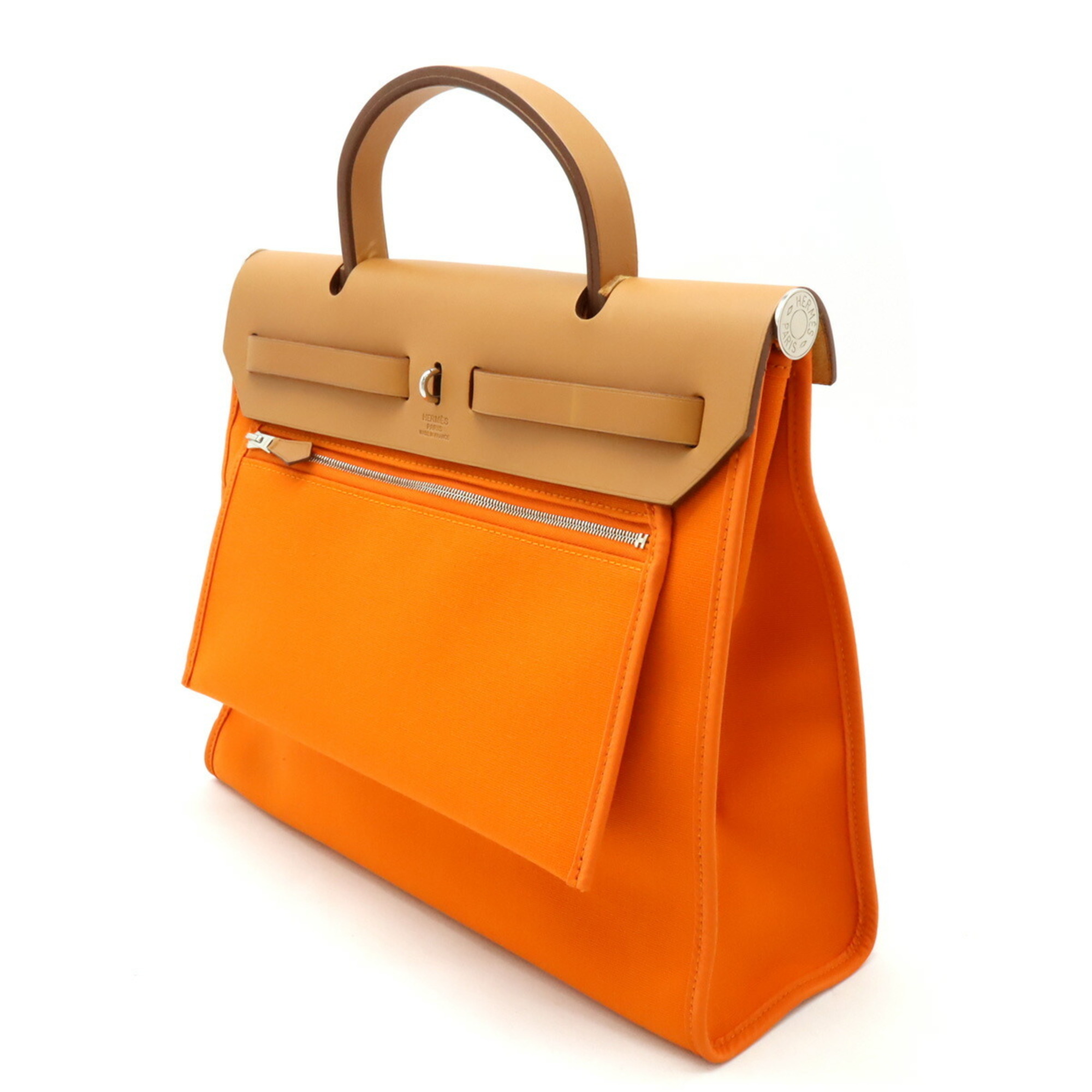 HERMES Hermes Airbag Zip PM Handbag Toile Officier Leather Orange Camel Pouch not included □M stamp