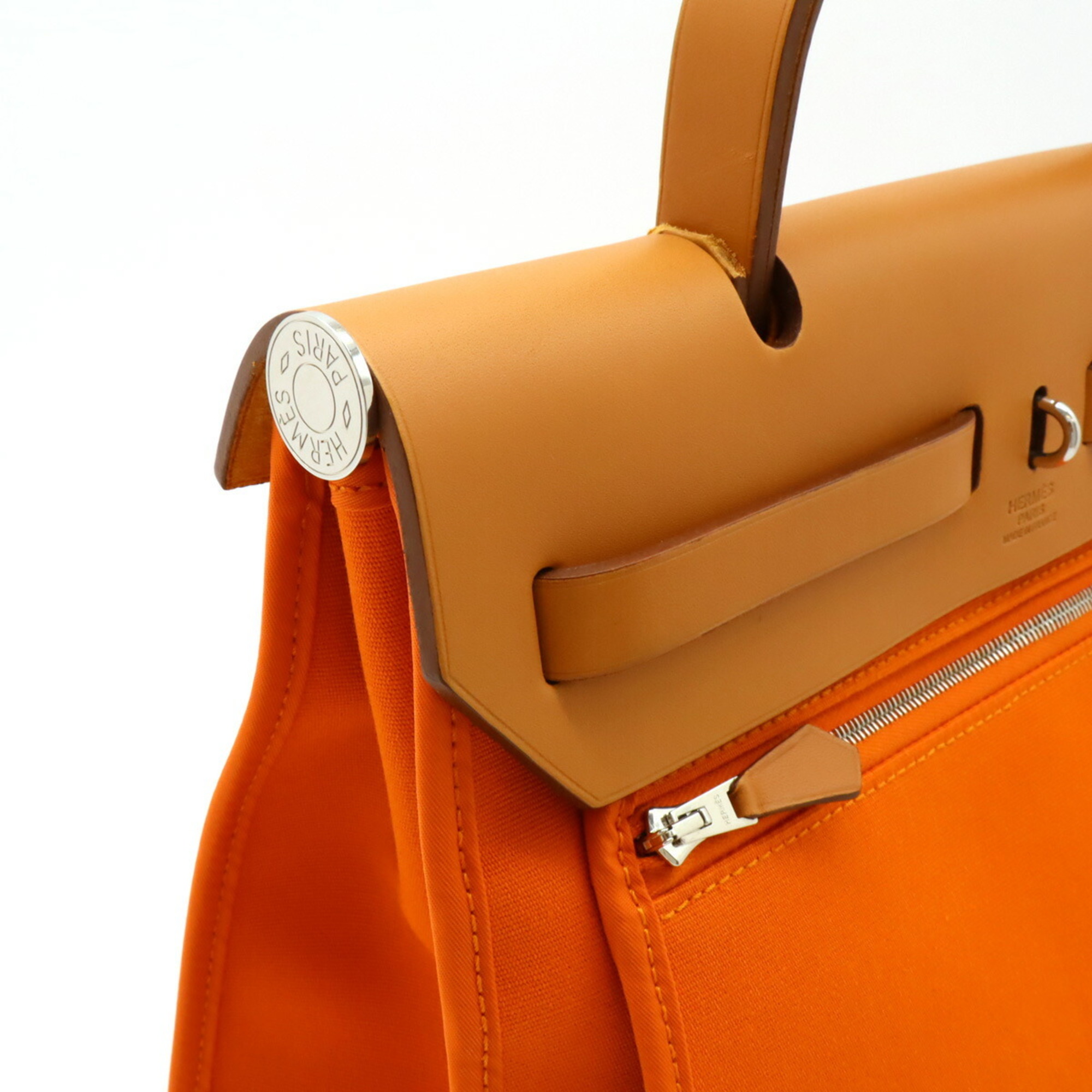 HERMES Hermes Airbag Zip PM Handbag Toile Officier Leather Orange Camel Pouch not included □M stamp