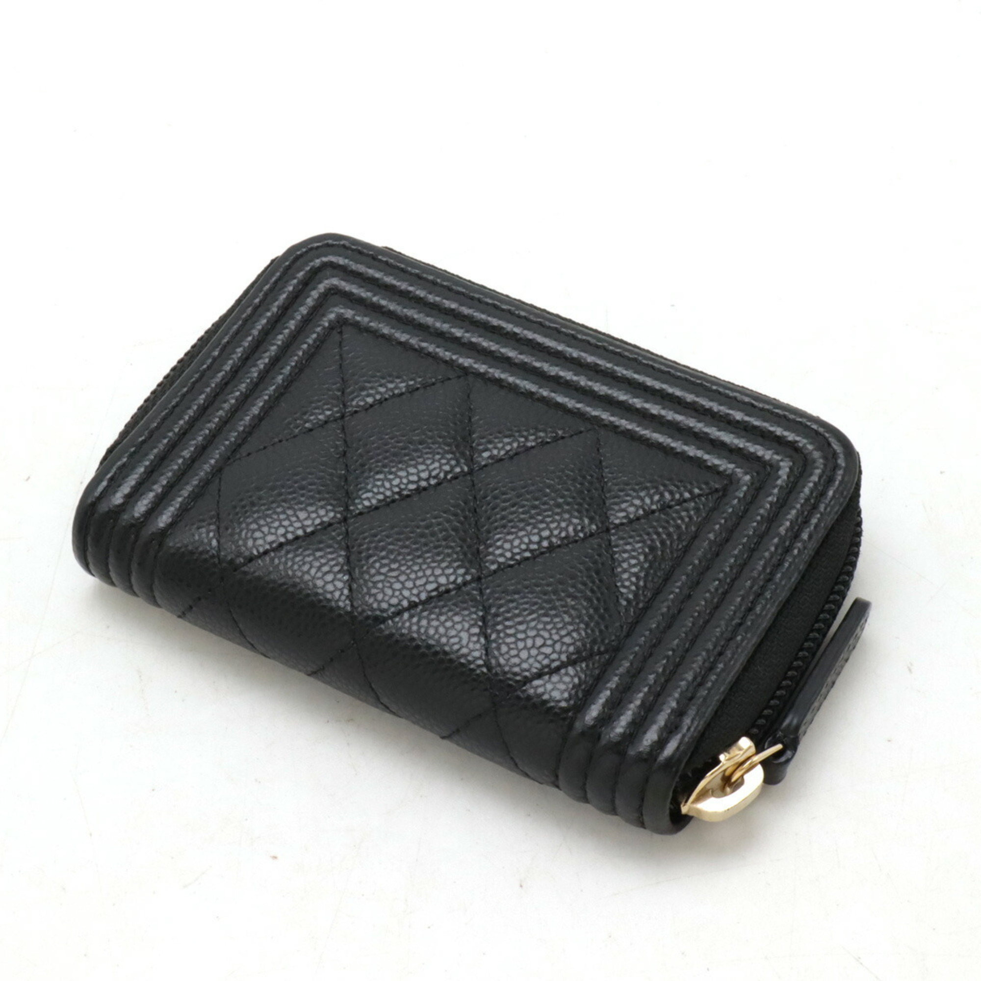 CHANEL BOY Coco Mark Coin Case, Round, Caviar Skin, Leather, Black, A80602