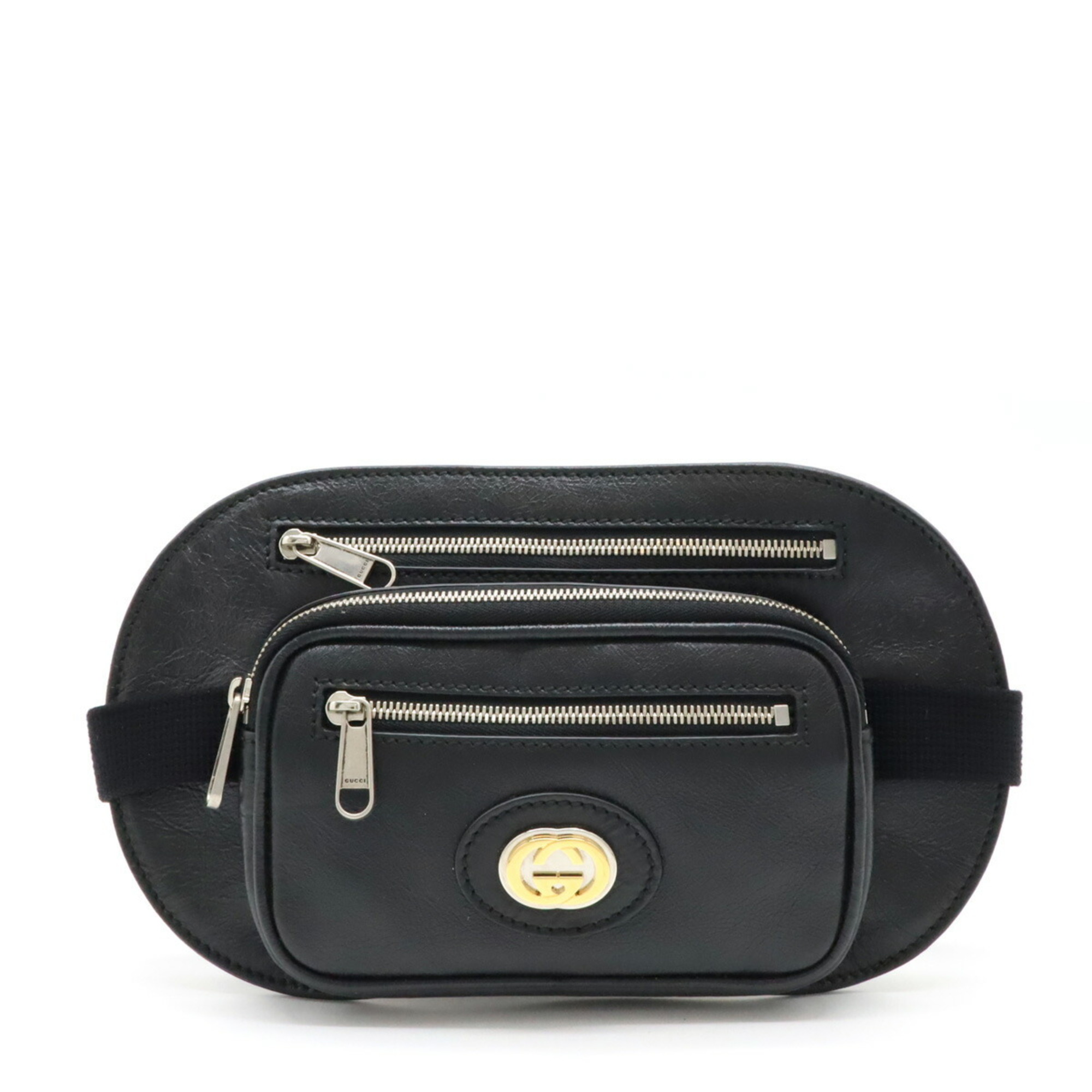 GUCCI Interlocking G Waist Bag, Pouch, Body Belt Leather, Black, 575857