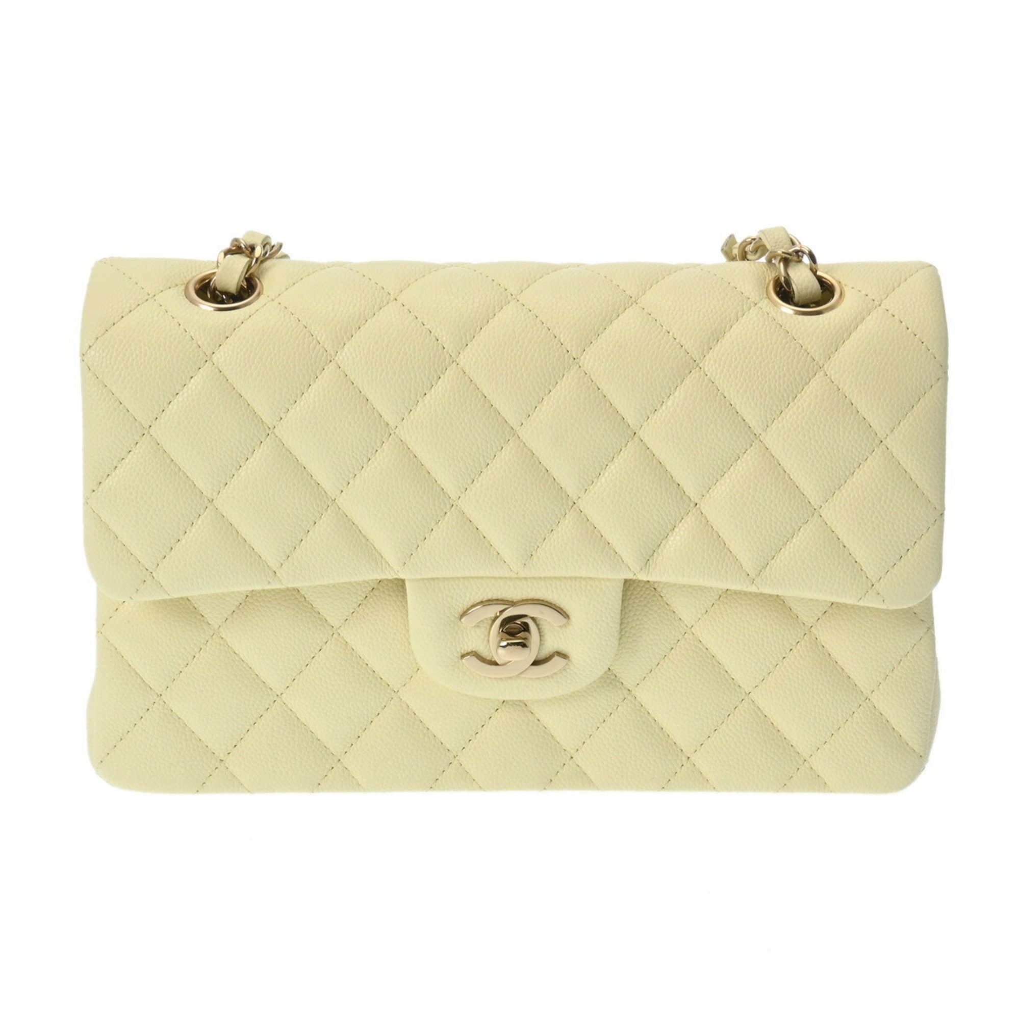 CHANEL Chanel Matelasse Chain Shoulder 23cm W Flap Light Yellow A01113 Women's Caviar Skin Bag