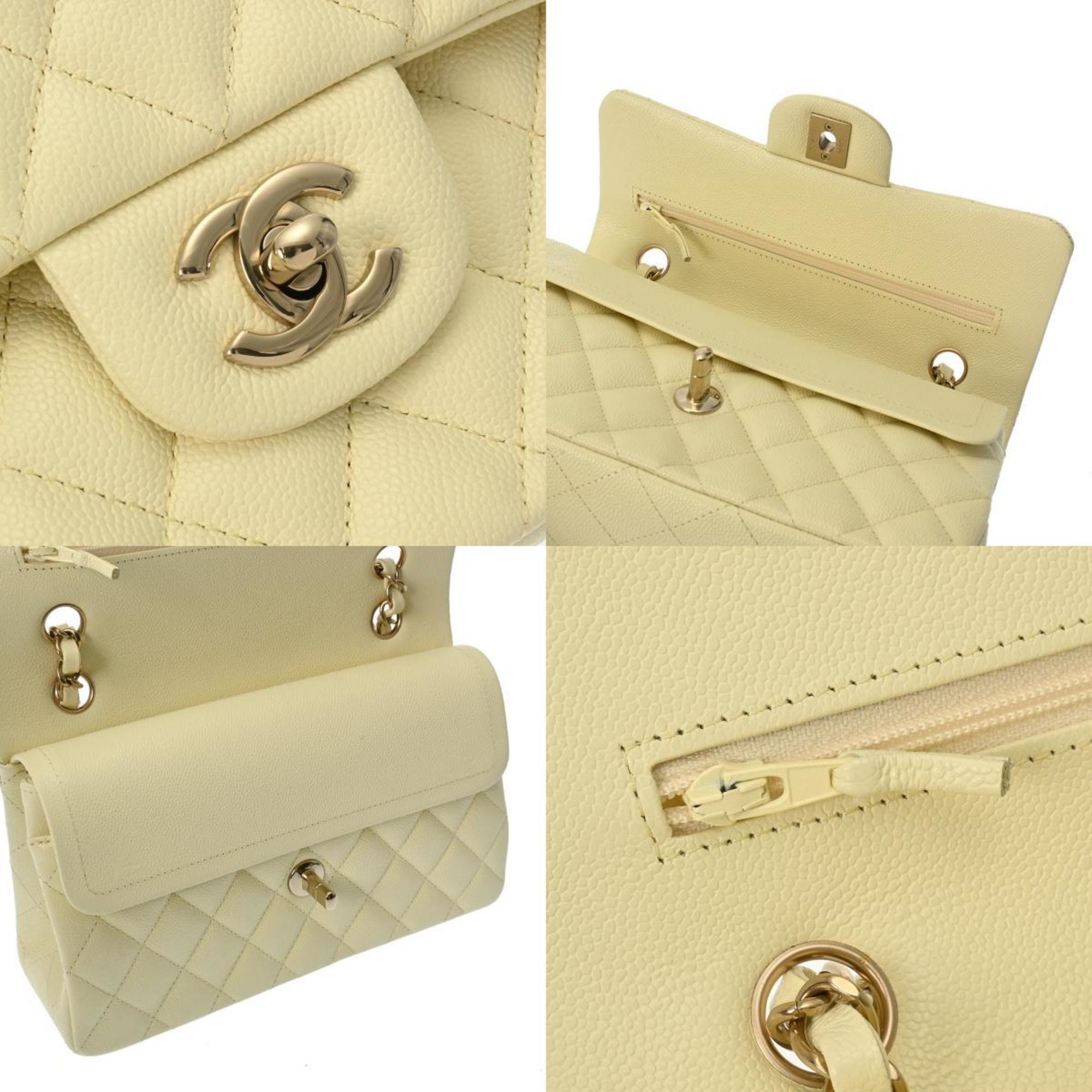 CHANEL Chanel Matelasse Chain Shoulder 23cm W Flap Light Yellow A01113 Women's Caviar Skin Bag