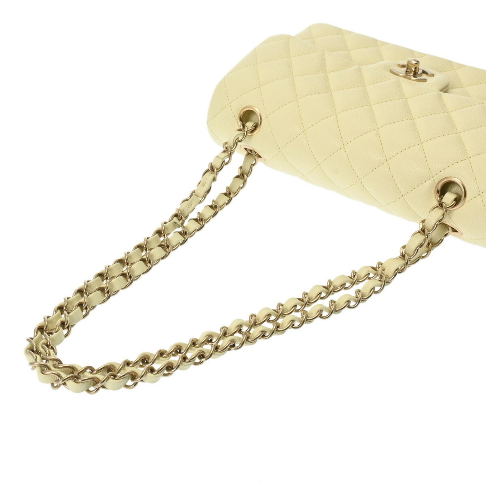 CHANEL Chanel Matelasse Chain Shoulder 23cm W Flap Light Yellow A01113 Women's Caviar Skin Bag