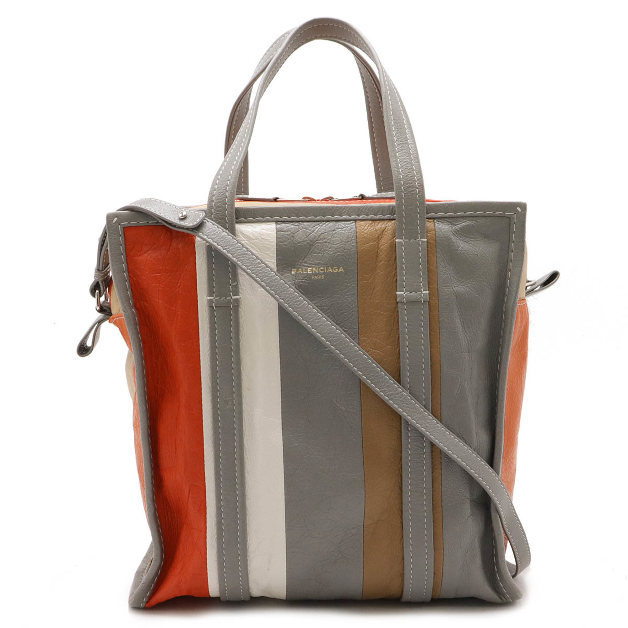 BALENCIAGA Bazar Shopper Tote Bag Shoulder Leather Stripe Gray Beige Orange 443096