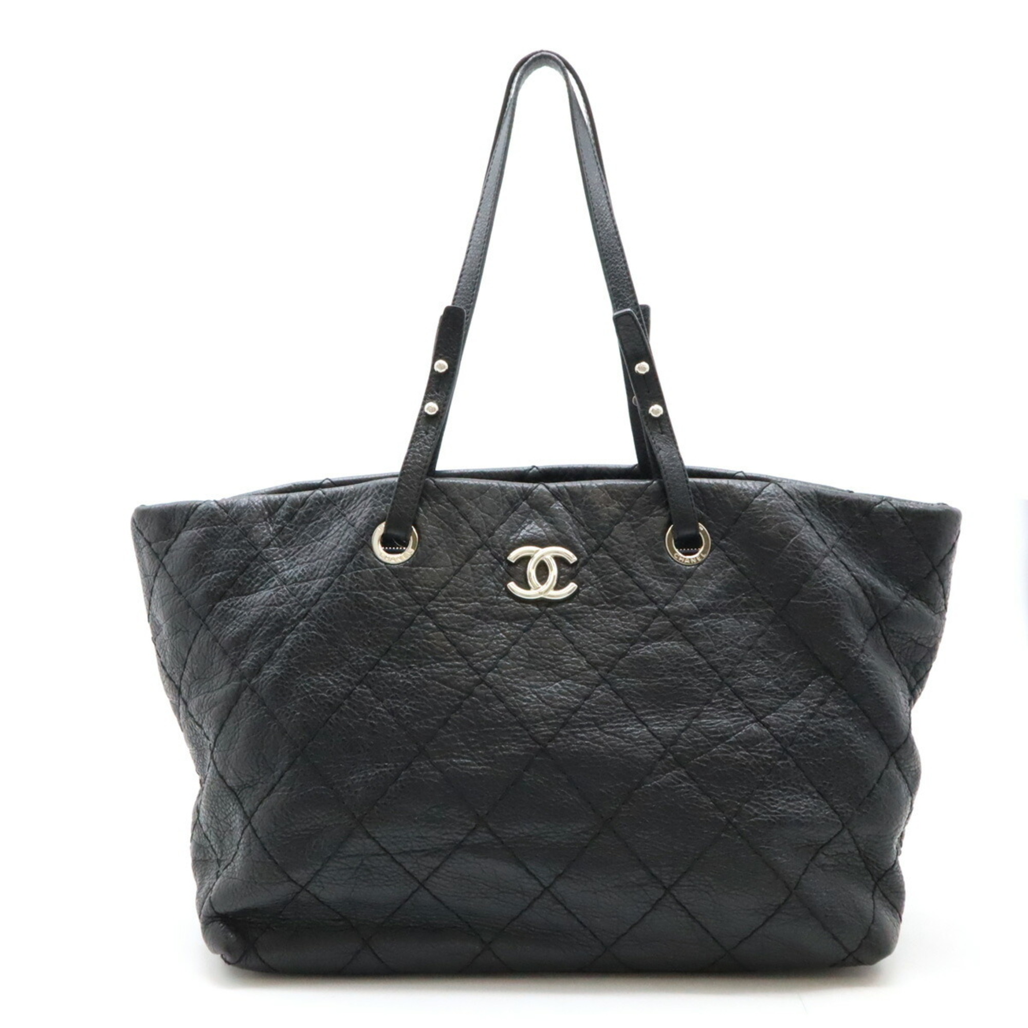 CHANEL On the Road Coco Mark Tote Bag Shoulder Quilted Leather Black 8019