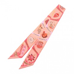 HERMES Twilly FUNNY ICE CREAM Rose Poodle/Marine/Pink 064109S Women's 100% Silk Scarf Muffler