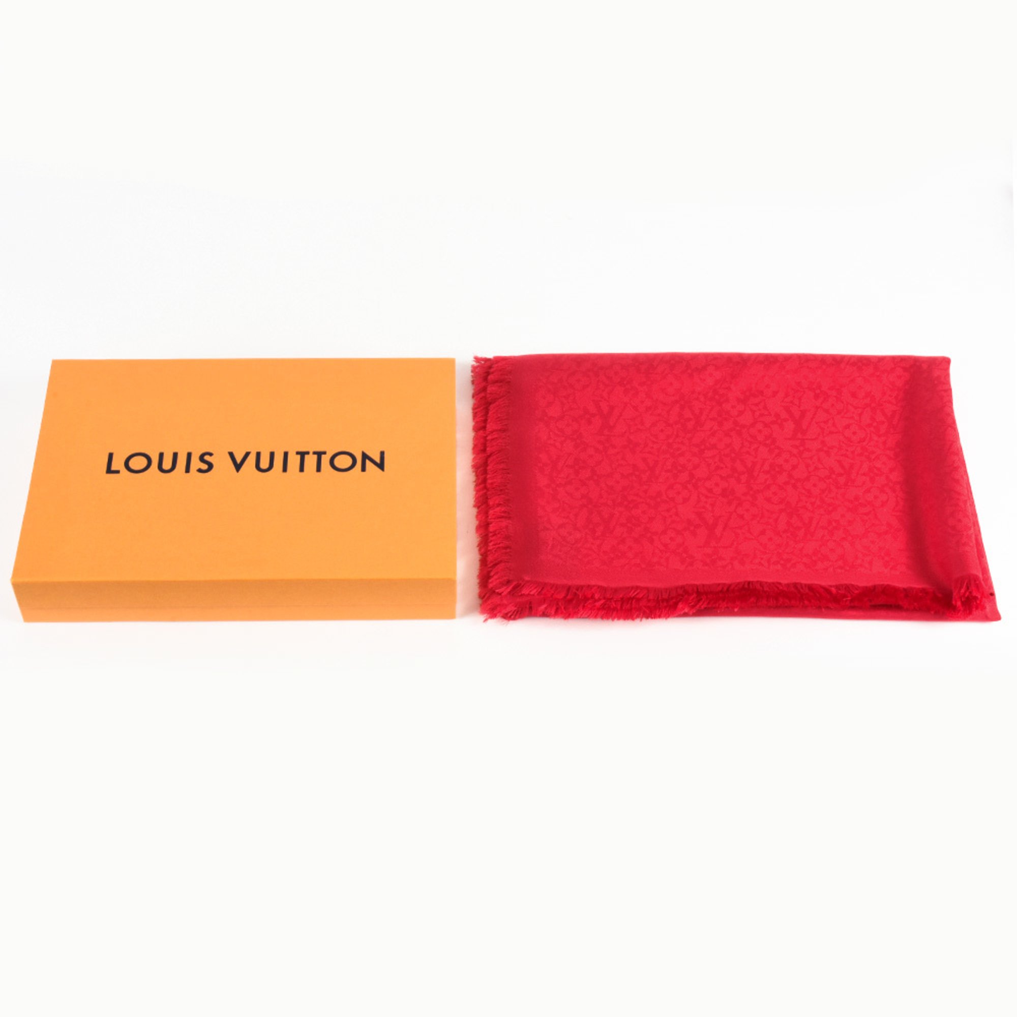 Louis Vuitton LOUIS VUITTON Monogram Shawl Silk Wool Cashmere 200cm M70833 Red LP0138 Stole