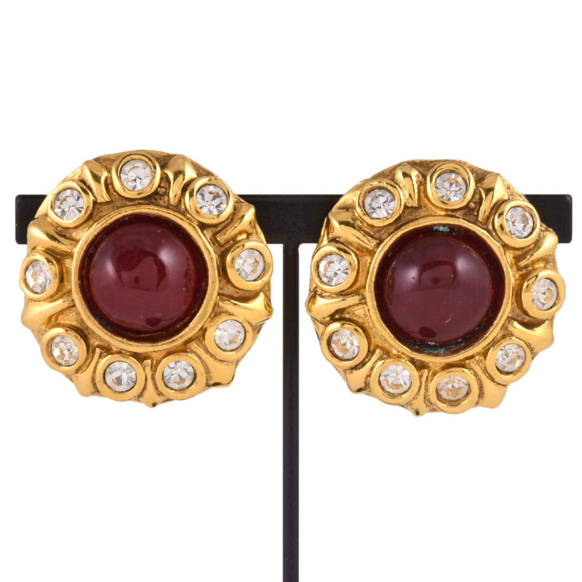 CHANEL Gripoa Round Earrings GP Red Color Stone Women's