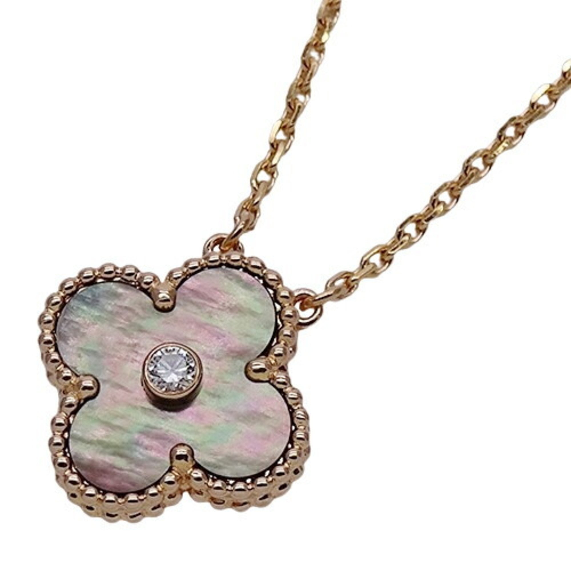 Van Cleef & Arpels Alhambra Necklace for Women 750PG Diamond Shell 2014 Limited Edition Holiday Pink Gold Polished