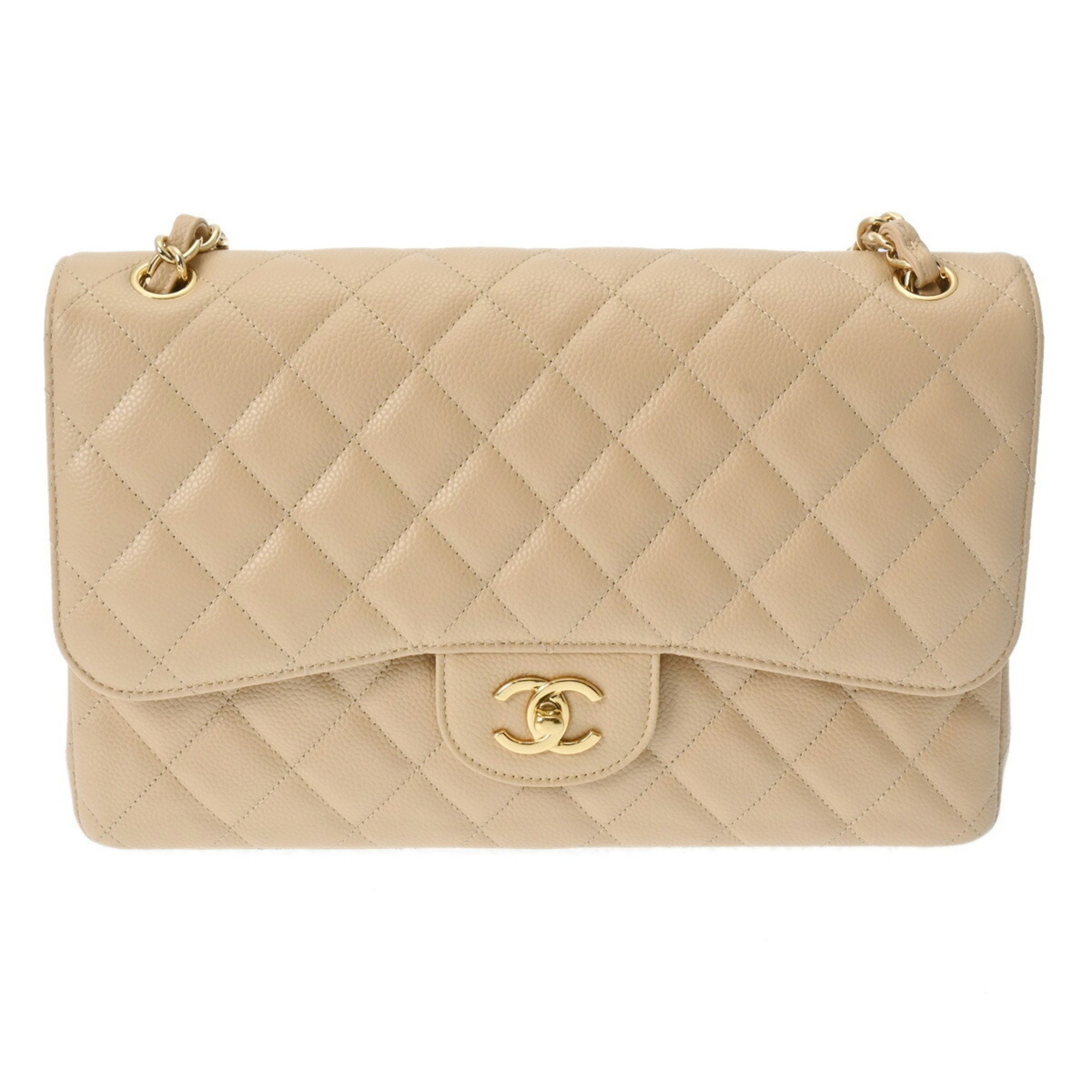 CHANEL Chanel Matelasse Chain Shoulder Double Flap 30cm Beige A58600 Women's Caviar Skin Bag