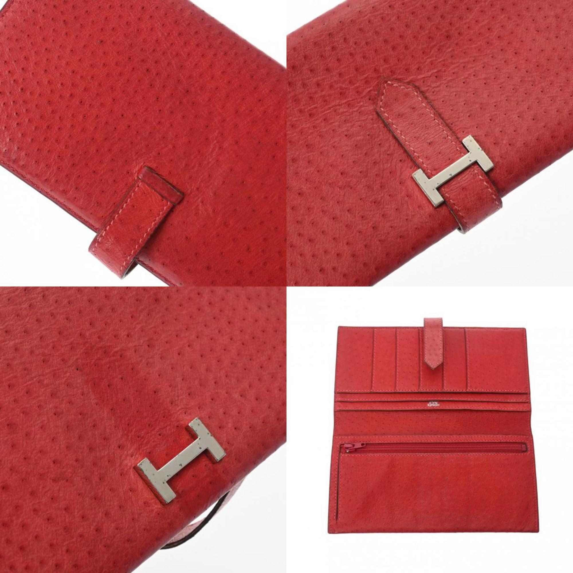 HERMES Hermes Bearn Classic Rouge vif □D stamp (around 2000) Women's Emu long wallet