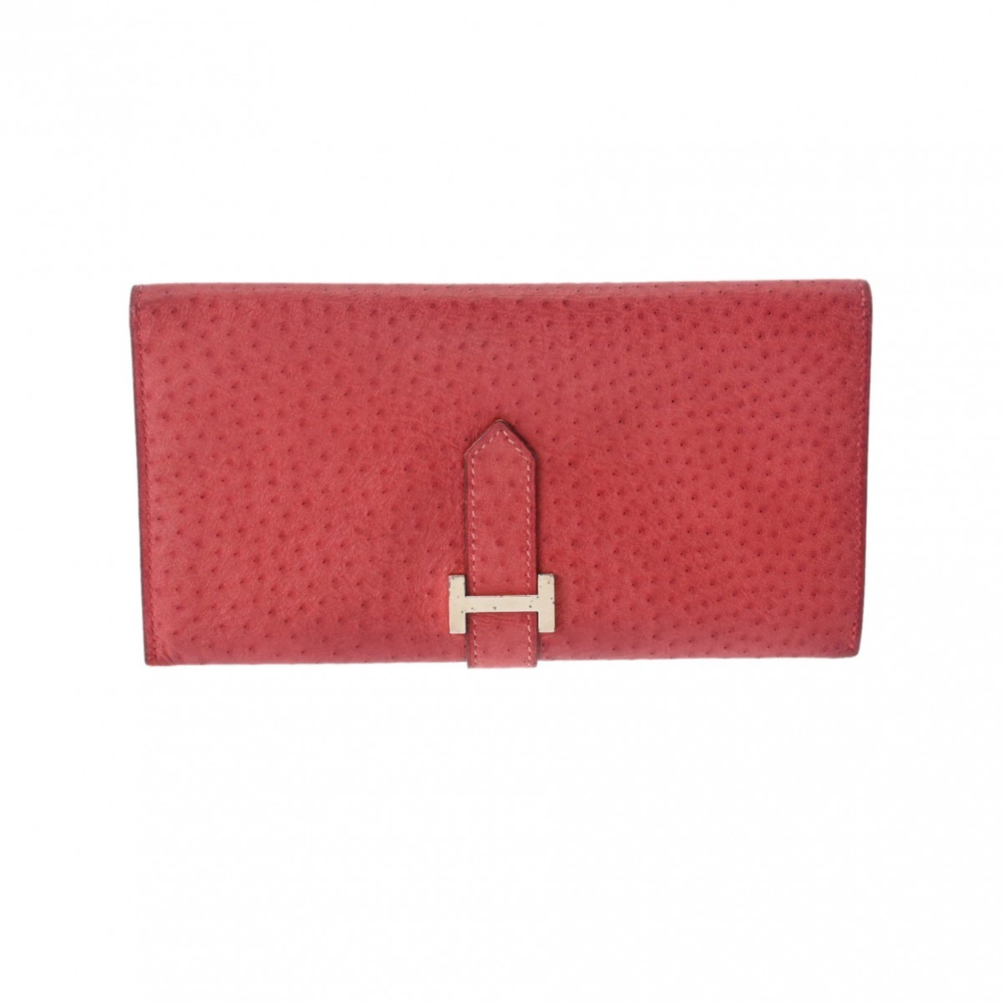 HERMES Hermes Bearn Classic Rouge vif □D stamp (around 2000) Women's Emu long wallet