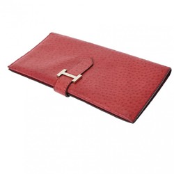 HERMES Hermes Bearn Classic Rouge vif □D stamp (around 2000) Women's Emu long wallet