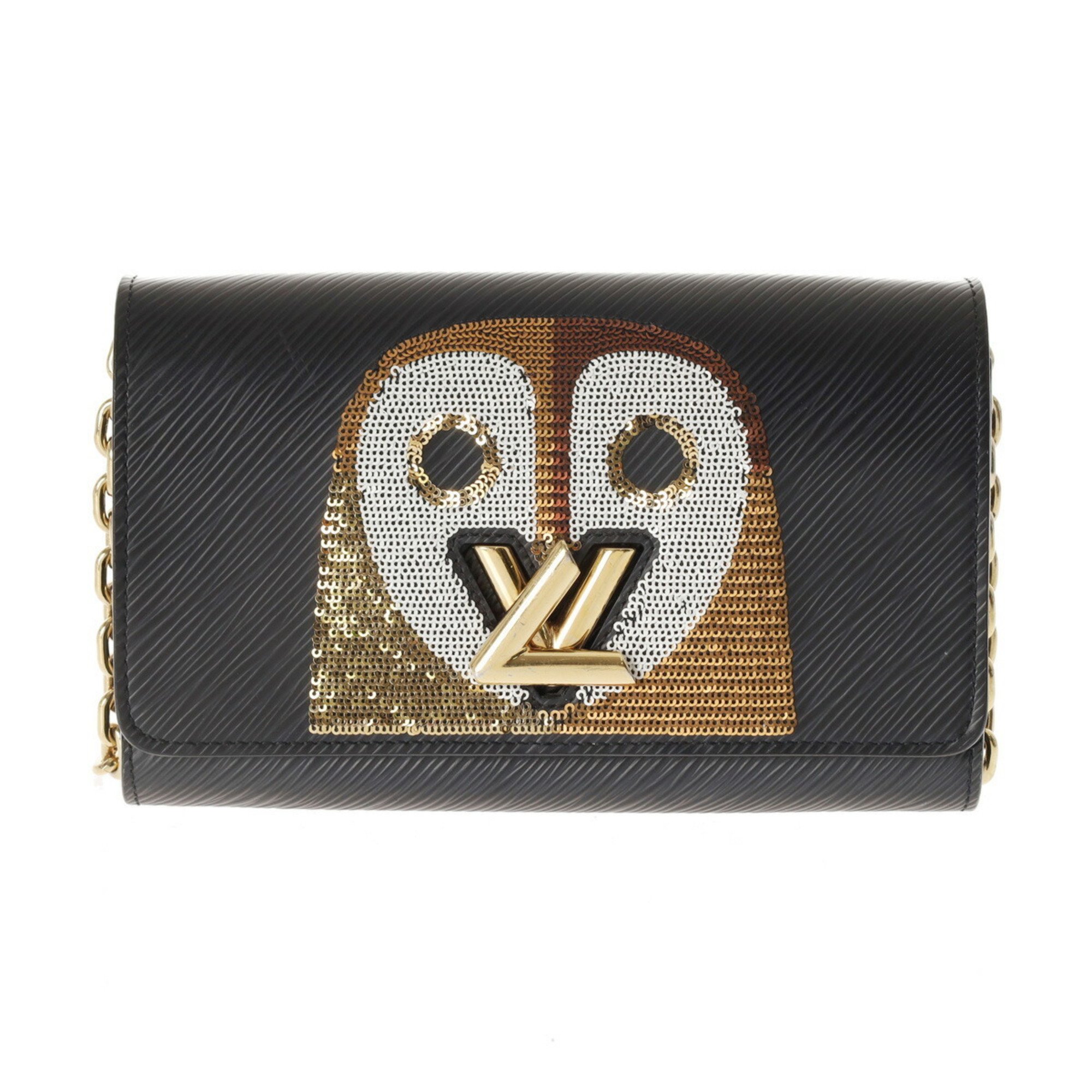 LOUIS VUITTON Epi Portefeuille Twist Chain Owl Sequins Black M62334 Women's Leather Wallet