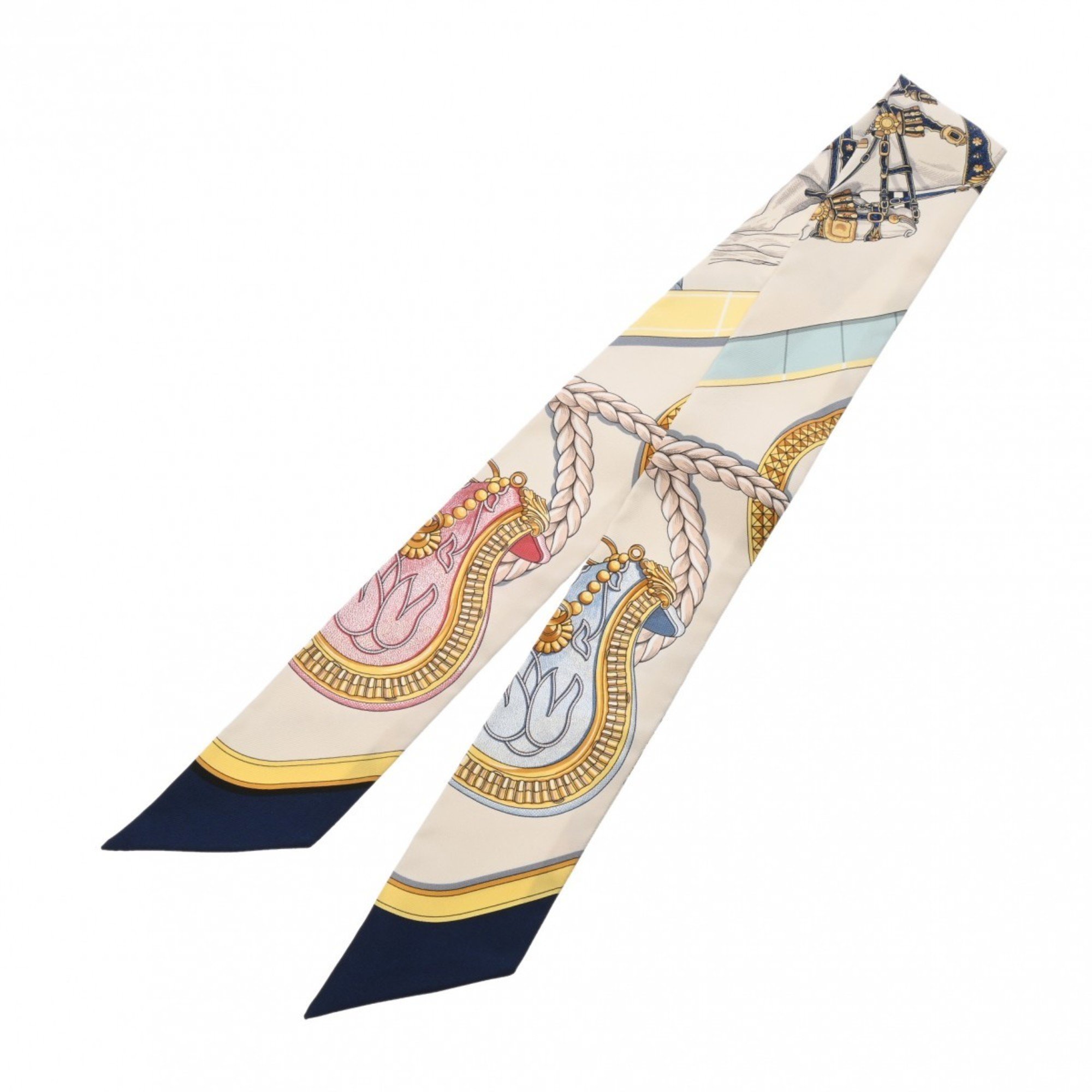 HERMES Twilly GRAND APPARAT Ivory/Marine/Pink 061364S Women's 100% Silk Scarf Muffler