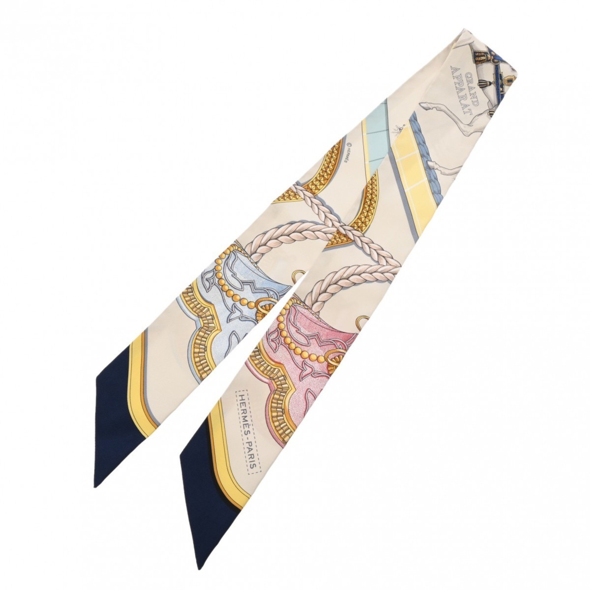 HERMES Twilly GRAND APPARAT Ivory/Marine/Pink 061364S Women's 100% Silk Scarf Muffler