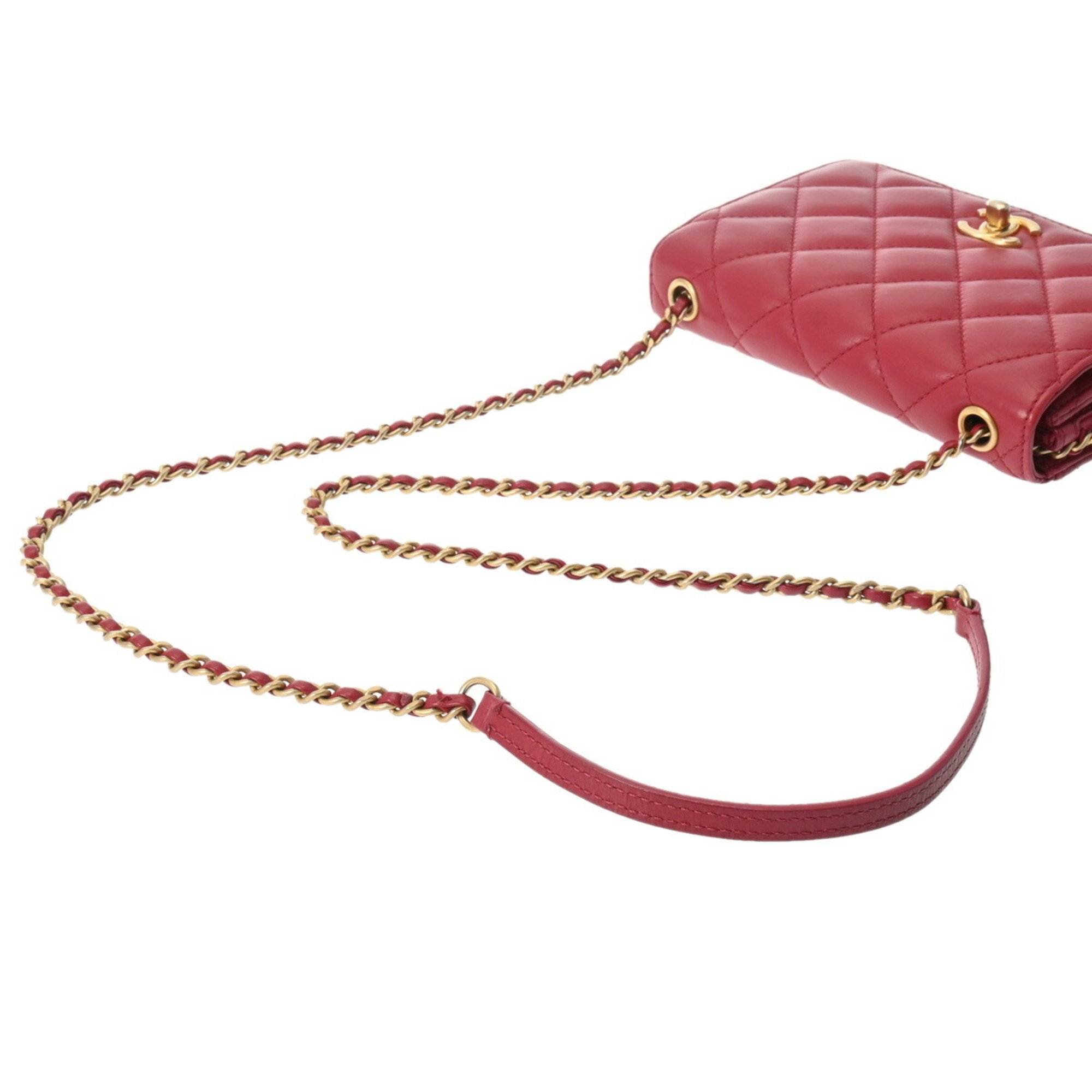 CHANEL Chanel Matelasse Chain Shoulder 18cm Red Unisex Lambskin Bag