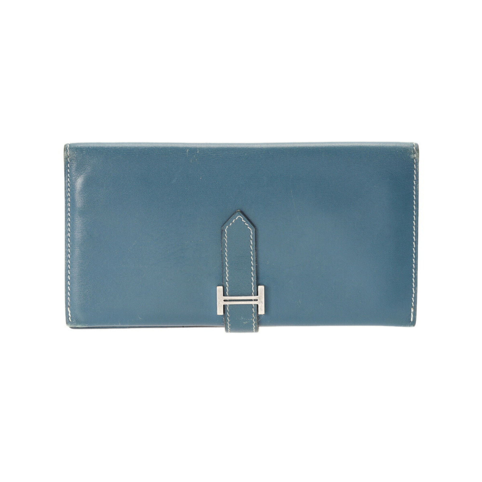 HERMES Bearn Navy H stamp (around 2004) Unisex calf leather long wallet