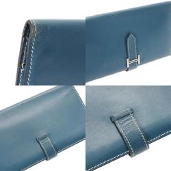 HERMES Bearn Navy H stamp (around 2004) Unisex calf leather long wallet