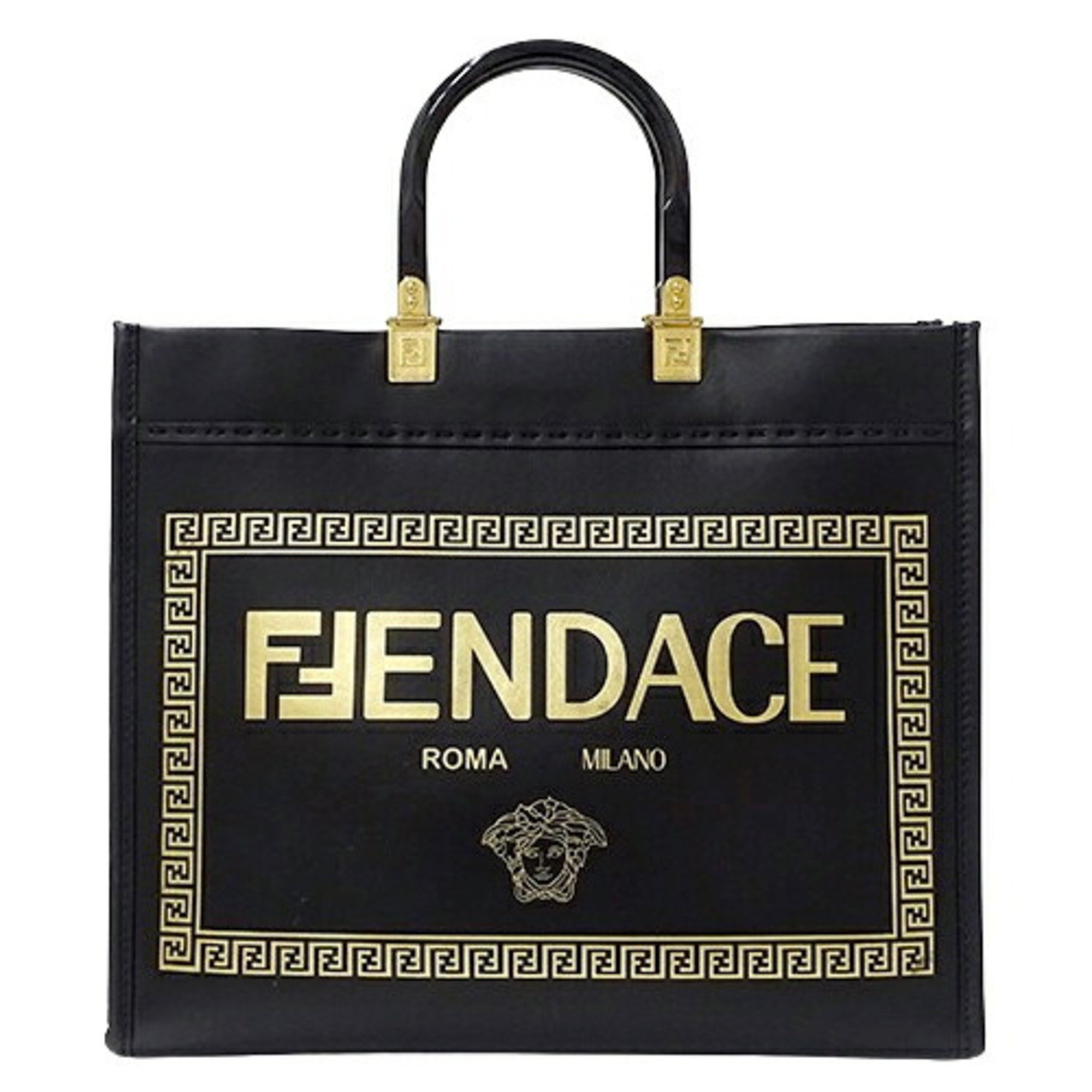 FENDI Versace Women's Tote Bag Handbag Leather Black Collaboration